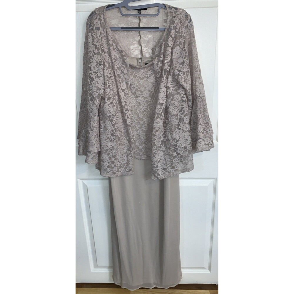 Onyx Nite Womens Champagne Sequined Lace Jacket Dress 16W Mother Of Bride Formal